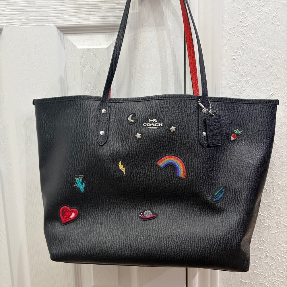 Coach Black Tote with Colorful Embroidered Accents